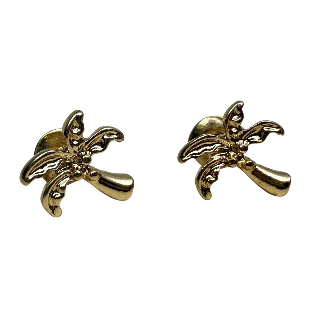 Gold Tone Palm Tree Stud Earrings Tropical Island Vacation Fashion Jewelry